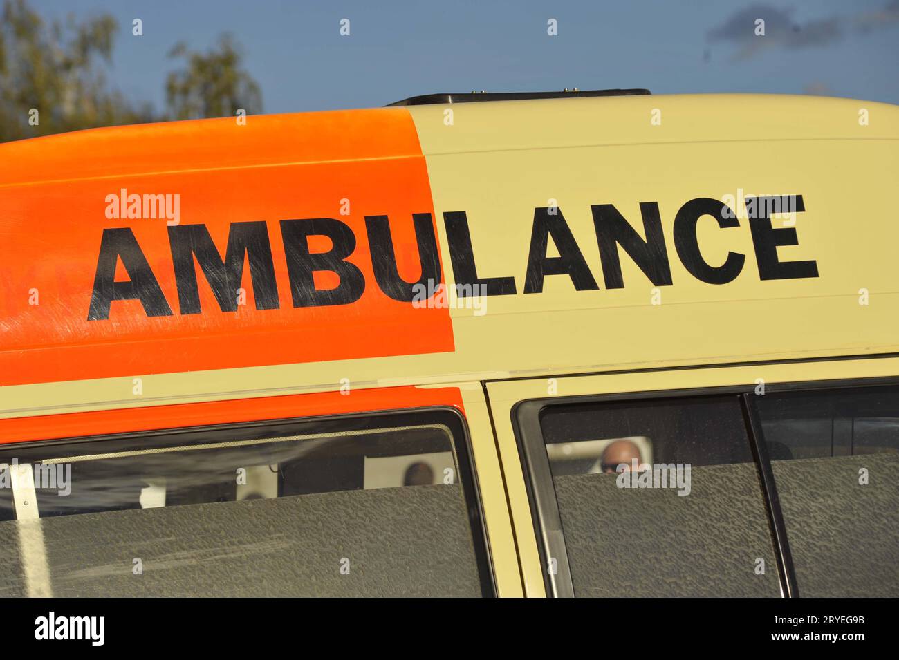 Ambulance sign on ambulance vehicle Stock Photo
