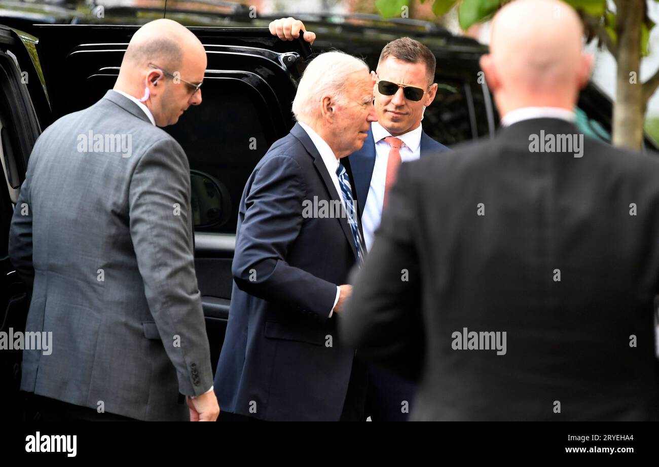 Washington, United States. 30th Sep, 2023. President Joe Biden, surrounded by his US Secret Service detail, arrives for services at Georgetown's Holy Trinity Church, Saturday, September 30, 2023, Washington, DC. Congress continues debating spending issues as a government shutdown looms. Photo by Mike Theiler/UPI Credit: UPI/Alamy Live News Stock Photo