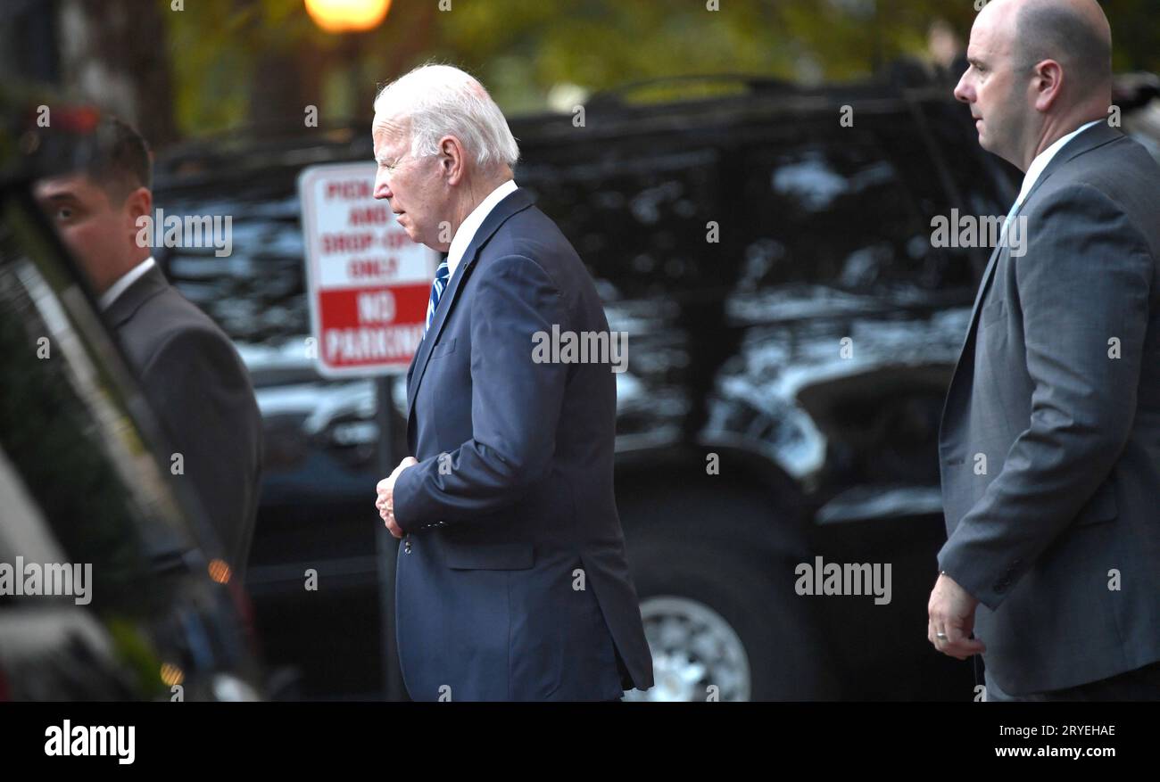 Washington, United States. 30th Sep, 2023. President Joe Biden departs services at Georgetown's Holy Trinity Church, Saturday, September 30, 2023, Washington, DC. Congress continues debating spending issues as a government shutdown looms. Photo by Mike Theiler/UPI Credit: UPI/Alamy Live News Stock Photo