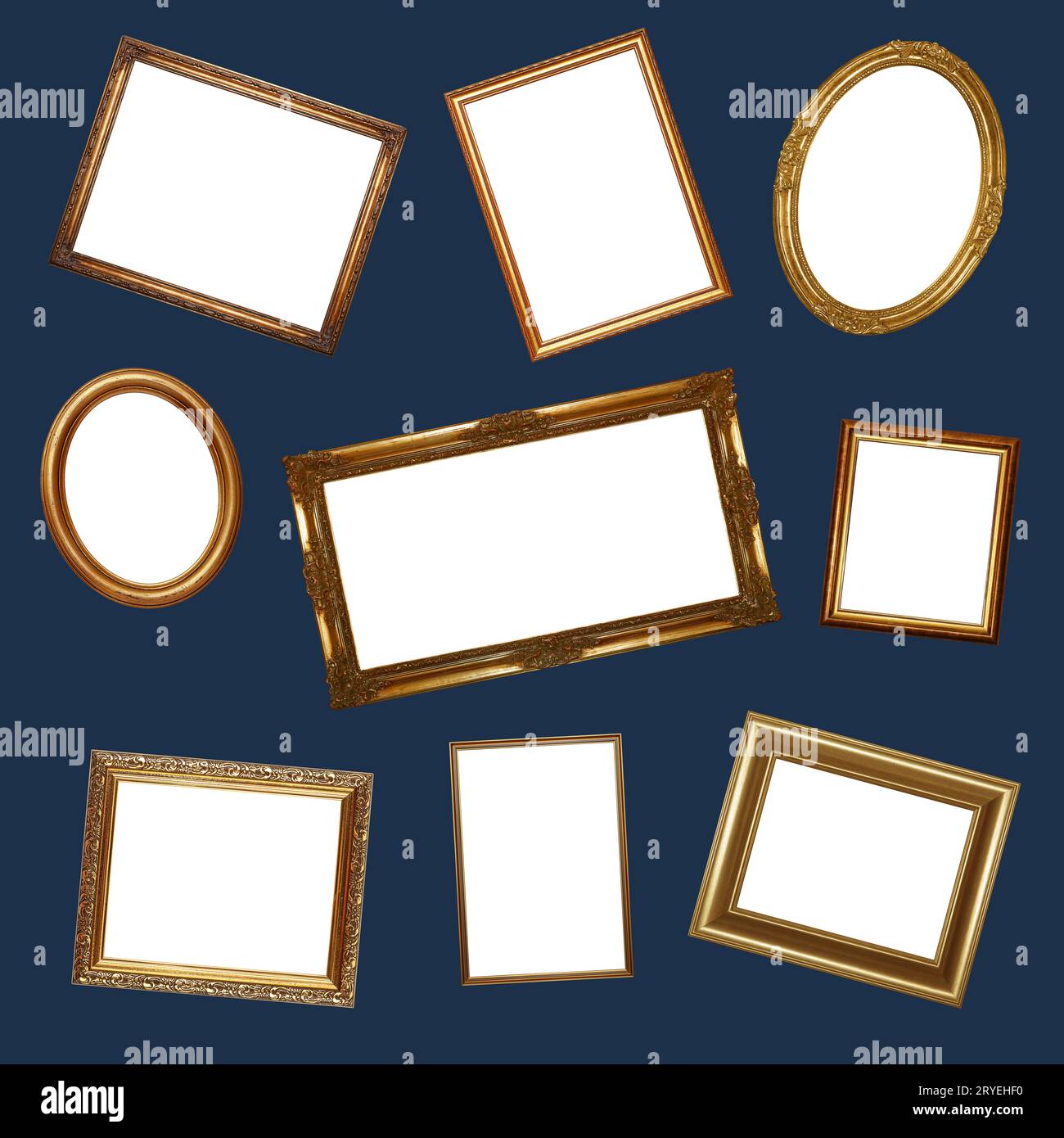 Pattern of empty golden picture frames on blue Stock Photo