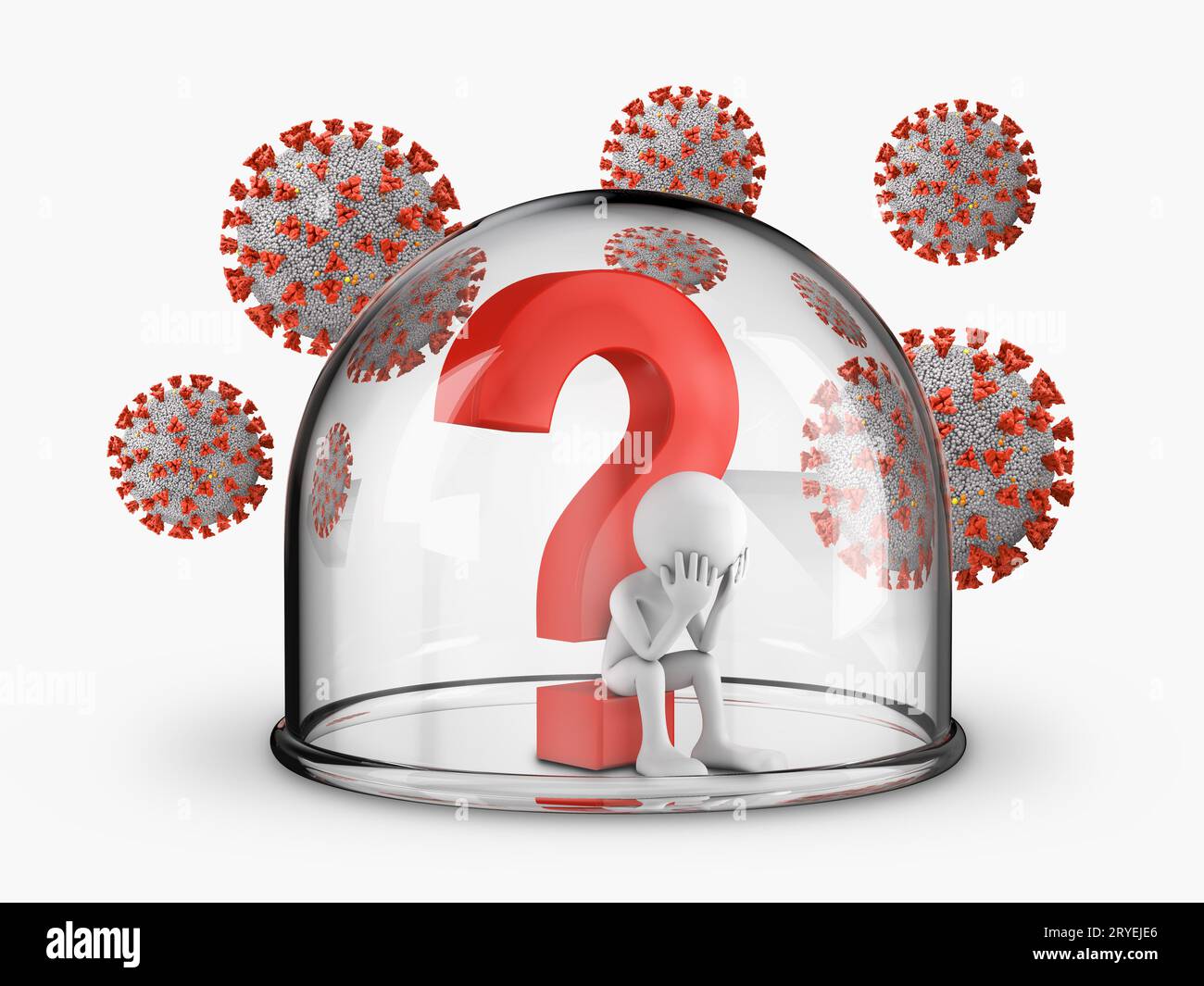Man under the question mark inside the dome and coronaviruses Stock Photo
