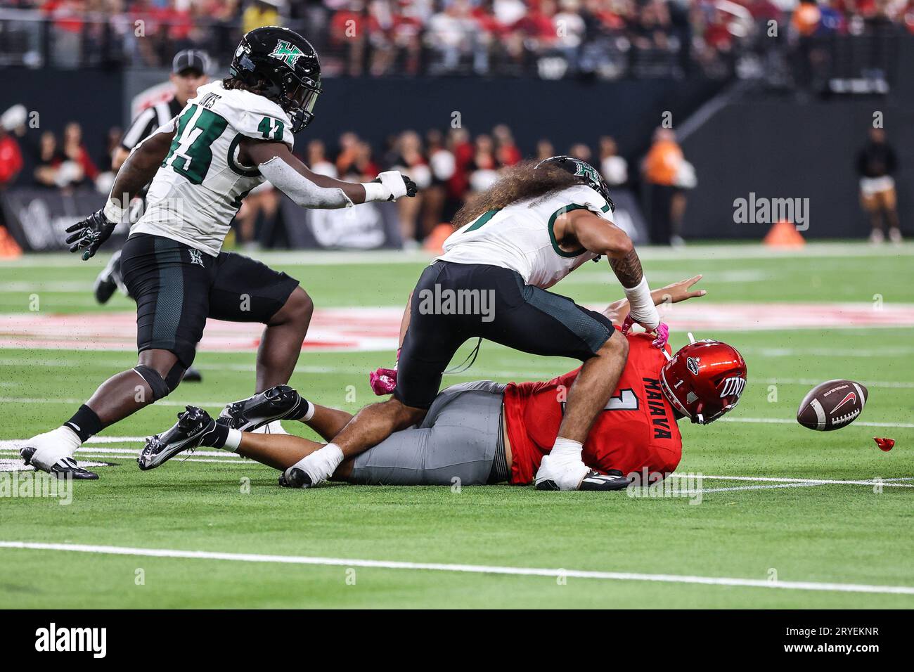 Las Vegas, NV, USA. 30th Sep, 2023. UNLV Rebels quarterback Jayden Maiava (1) tries to recover a
