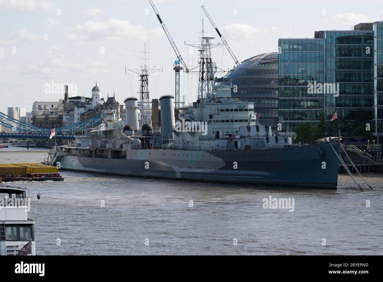 HMS Belfast moored on the River Thames Stock Photo