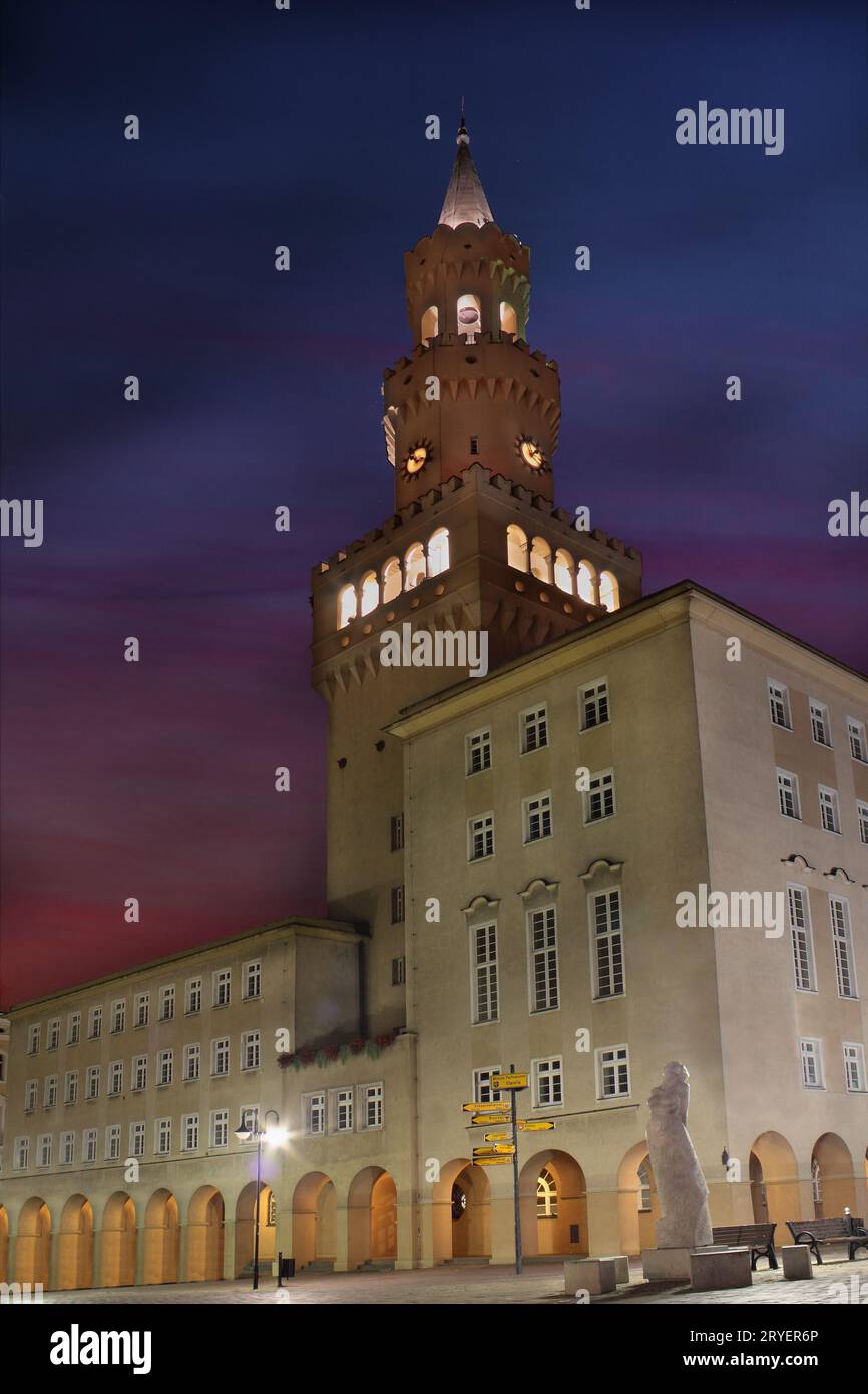 City Hall tower in Opole Poland at night Stock Photo