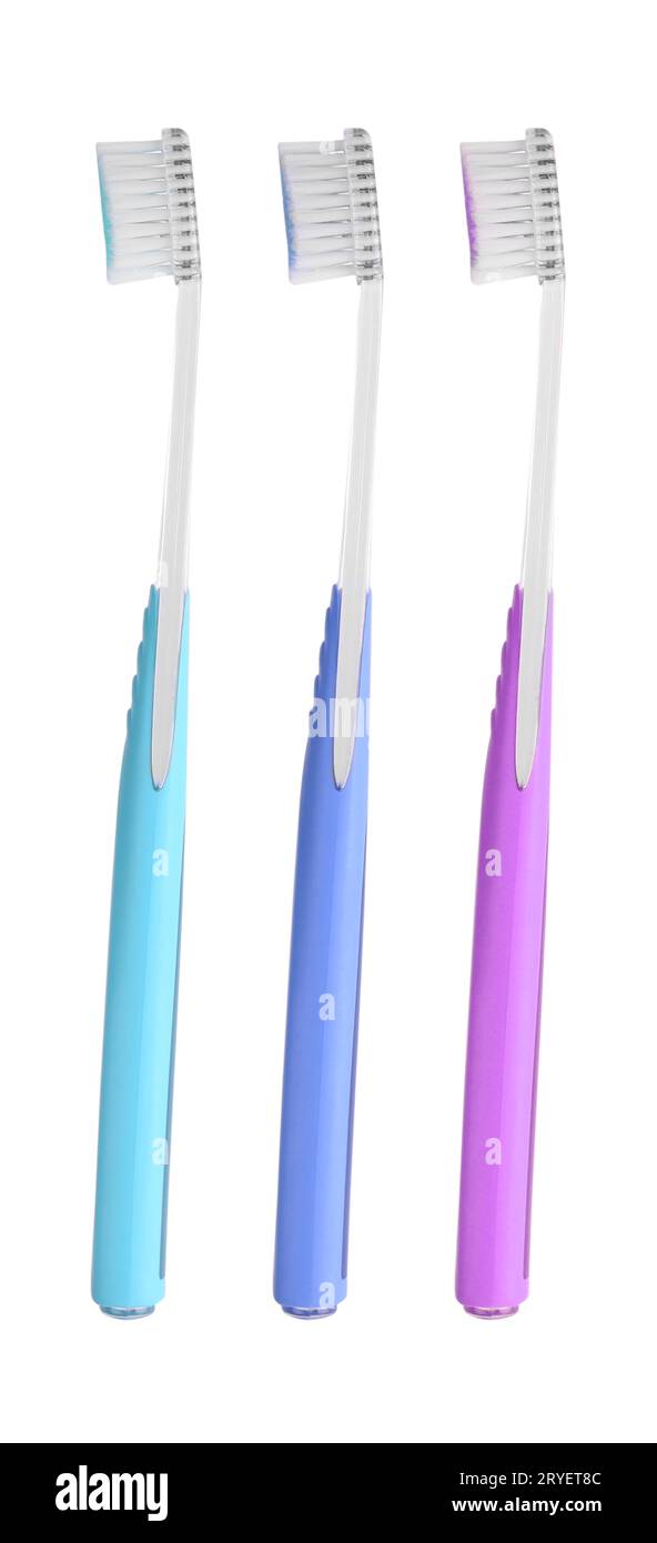 Set of colorful toothbrushes on white background Stock Photo - Alamy