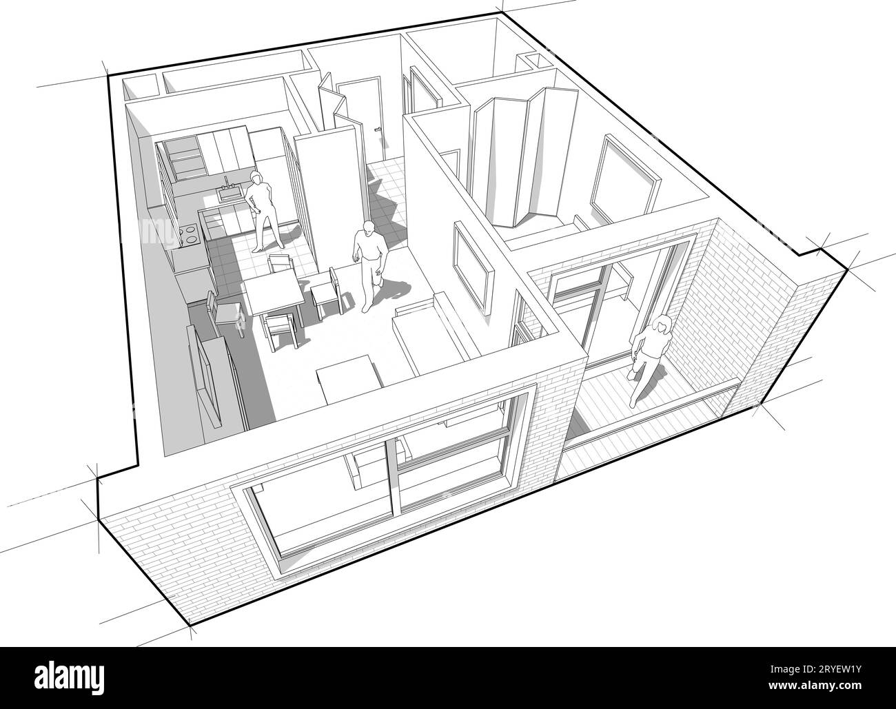 Perspective cutaway diagram of a one bedroom apartment completely furnished Stock Photo