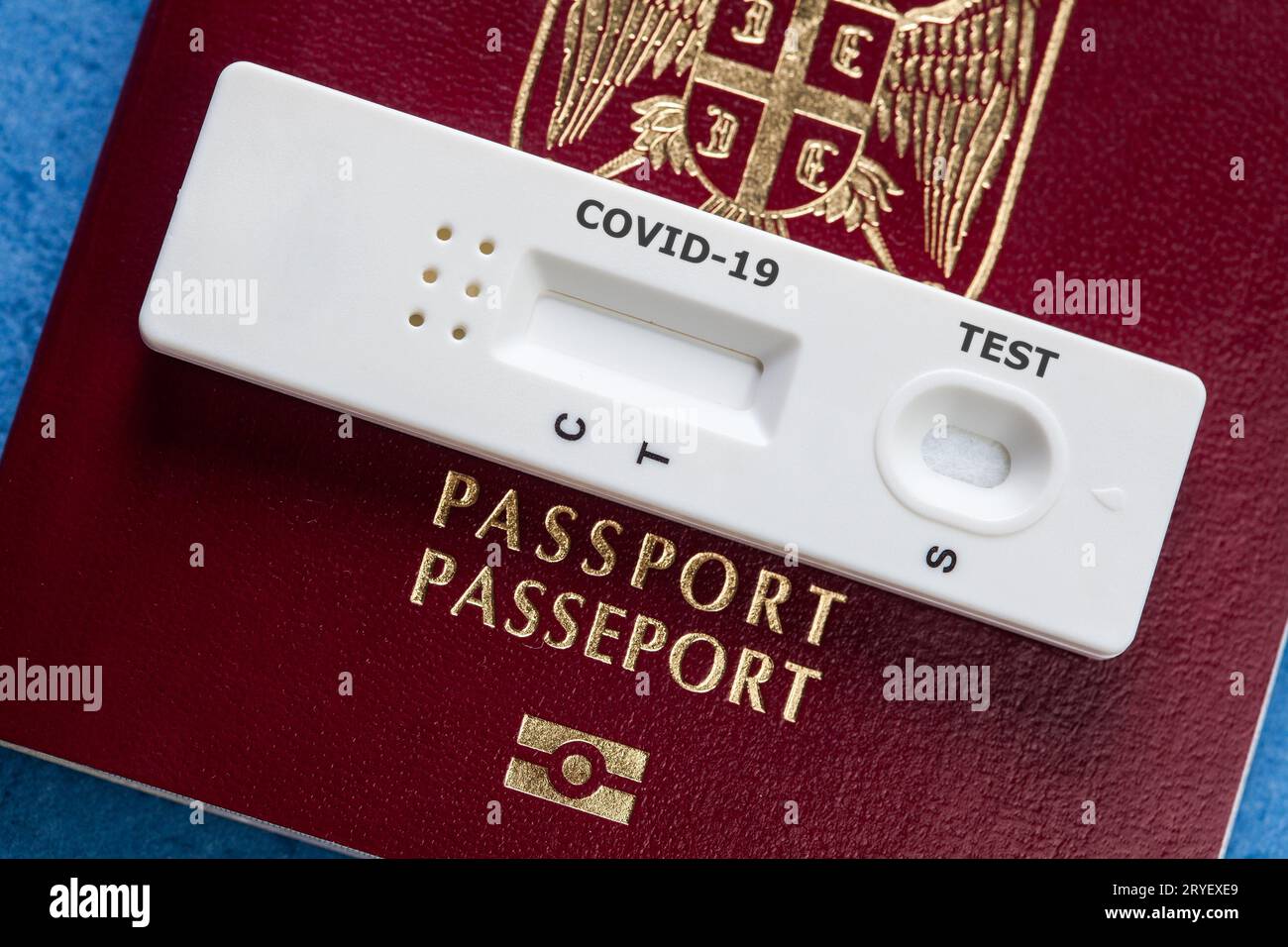 COVID-19 serological rapid diagnostic test on a Serbia passport Stock Photo