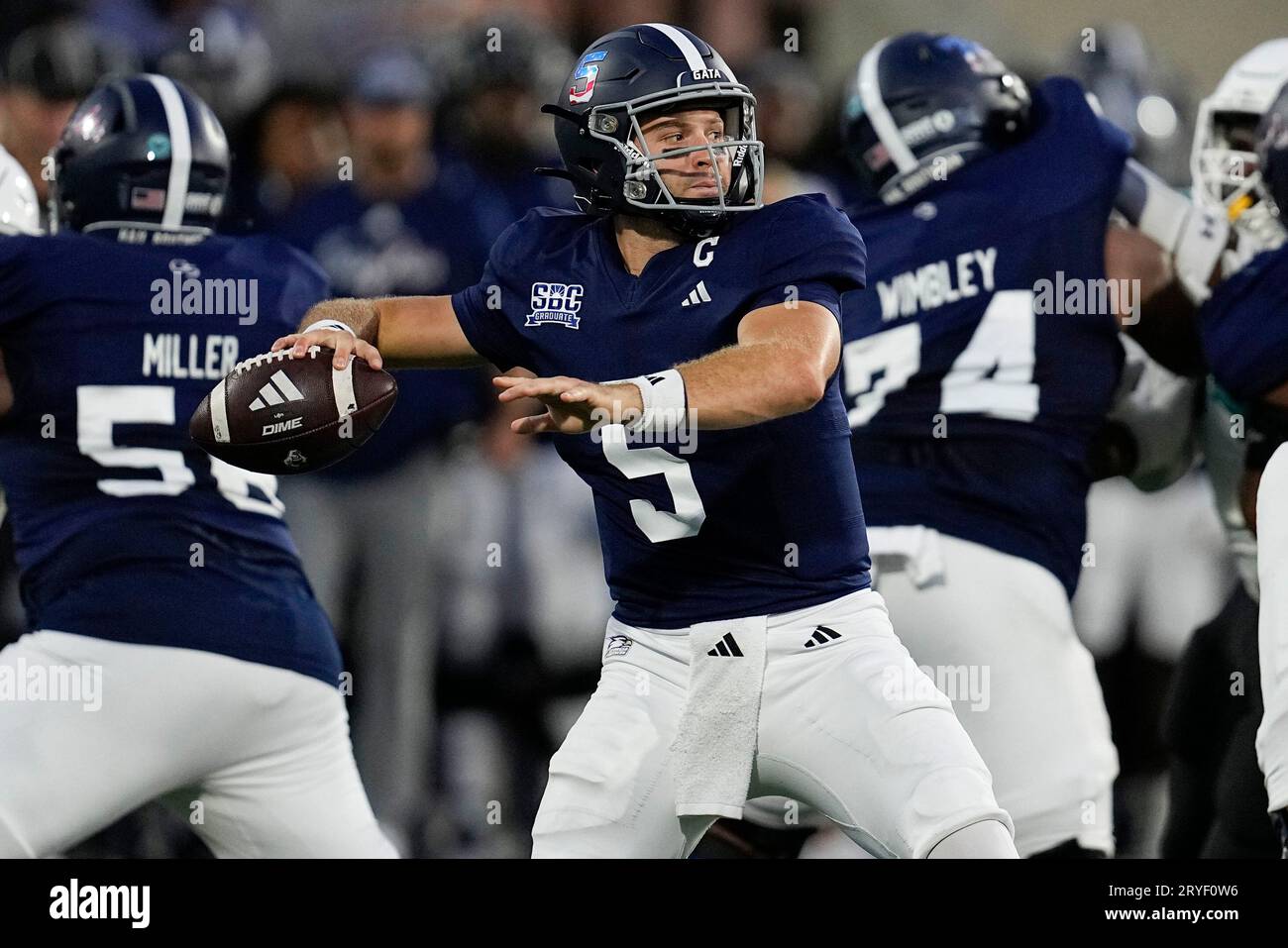 Georgia Southern quarterback Davis Brin (5) works in the pocket against ...
