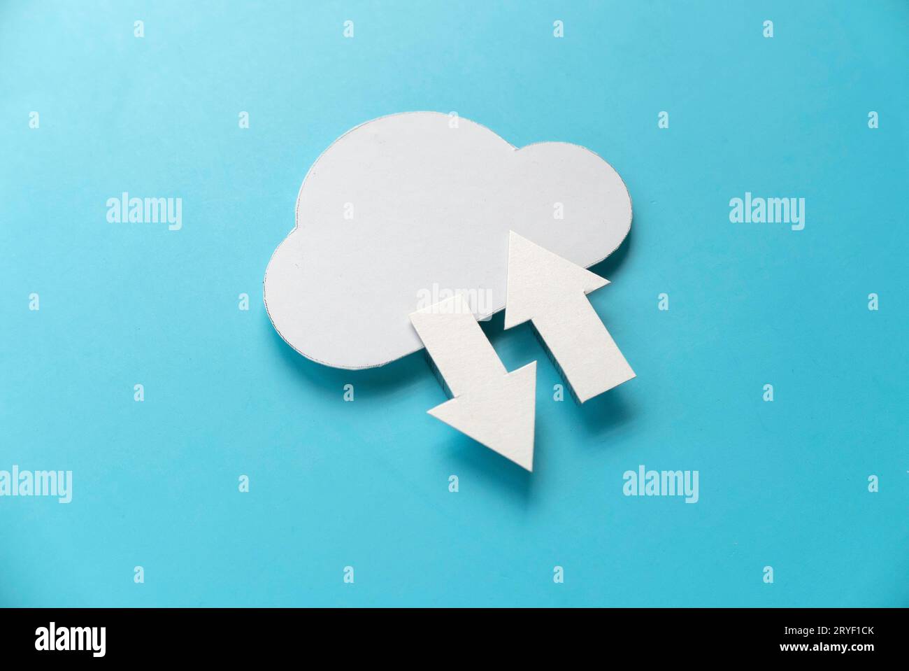 Cloud computing data storage concept.Network computing technologies. Digital server. Icon of cloud with arrow on blue background. Stock Photo