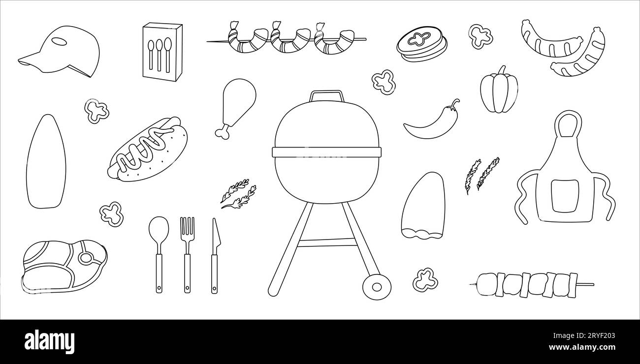 bbq grill party line doodle elements set Stock Vector Image & Art - Alamy