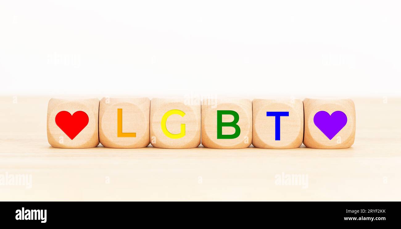 LGBT word and heart icons on wooden blocks. Copy space white background Stock Photo