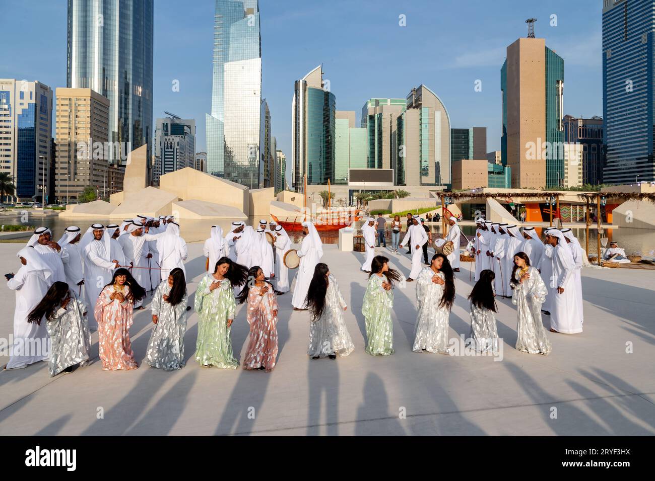 ABU DHABI, UAE - DECEMBER 14, 2019: Traditional Emirati male Al Ayalah dance at Al Hosn Festival Stock Photo