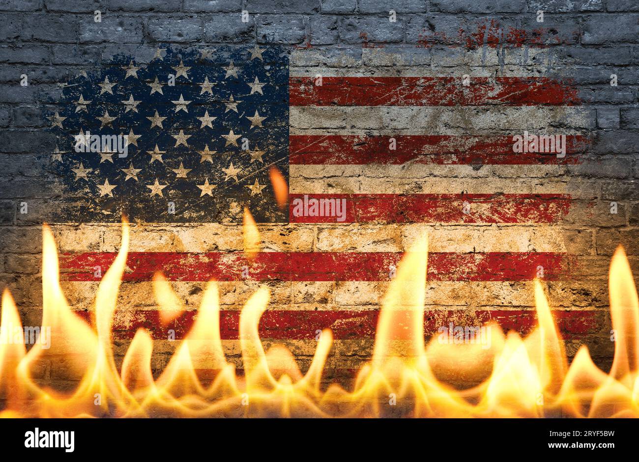 American flag in fire flames Stock Photo Alamy