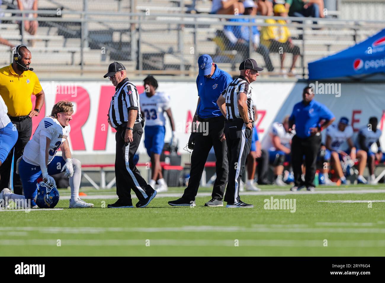 September 30, 2023:.Southern Arkansas Muleriders Head Coach Brad Smiley talks with the referees about a call during the fourth quarter of the NCAA Football game between the Southern Arkansas University Muleriders and the Southern Nazarene University Crimson Storm at SNU Stadium in Bethany, OK. Ron Lane/CSM Stock Photo