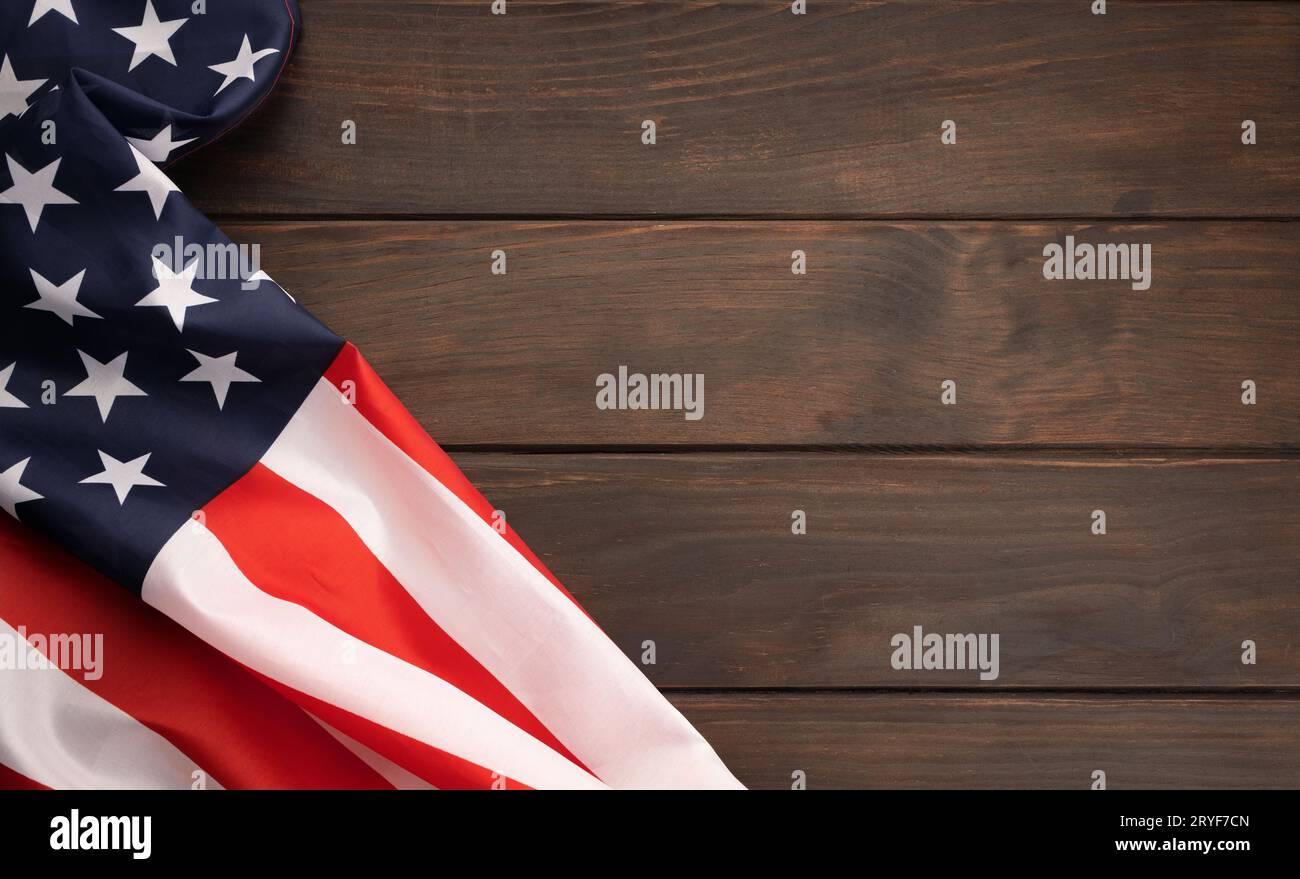 American flag on rustic wooden tabletop with copy space. Top view Stock Photo Alamy