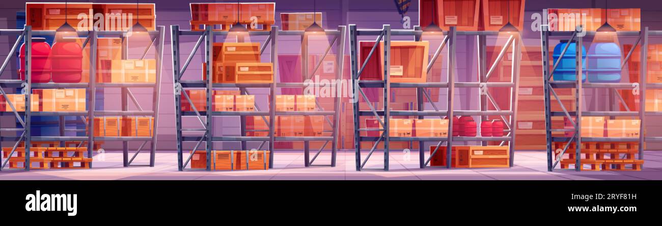 Warehouse interior with boxes on shelves. Vector cartoon illustration of factory, delivery company, supermarket storehouse, wooden crates and plastic Stock Vector