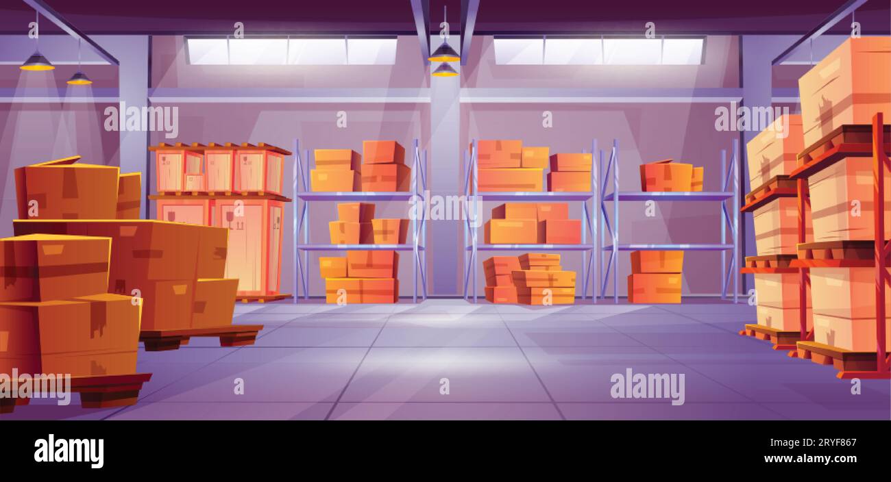 Warehouse shelves with cardboard and wooden boxes. Vector cartoon illustration of factory, delivery company, supermarket storehouse interior, packages Stock Vector
