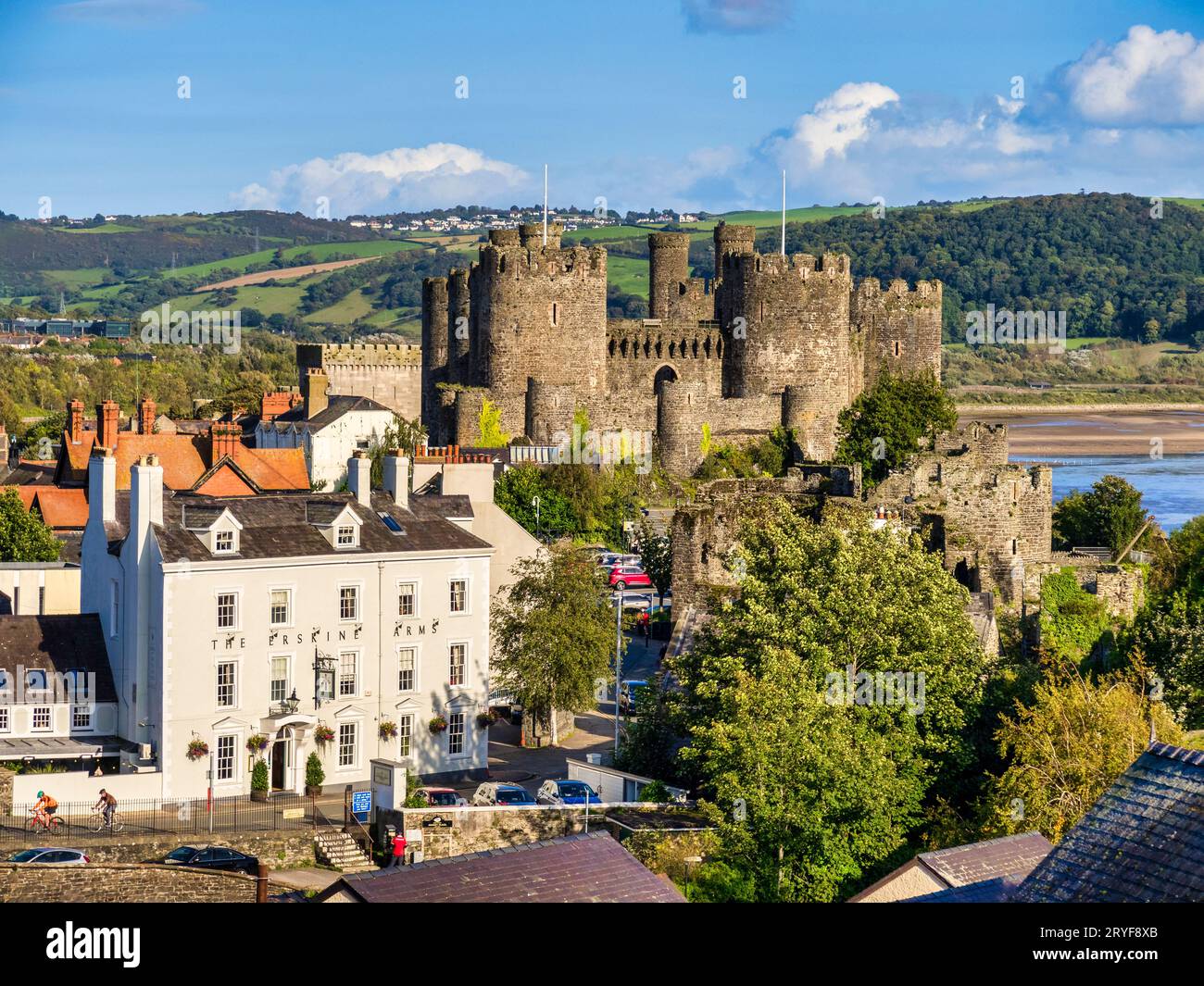 29 September 2023: Conwy, North Wales - The castle and town, viewed from the town walls, on a fine autumn day. Stock Photo