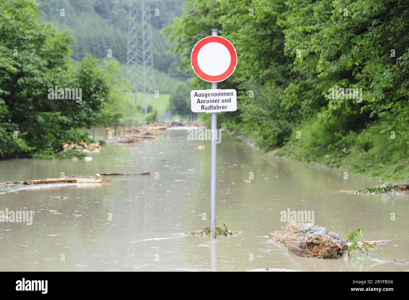 Road flooding after heavy rainfall Stock Photo