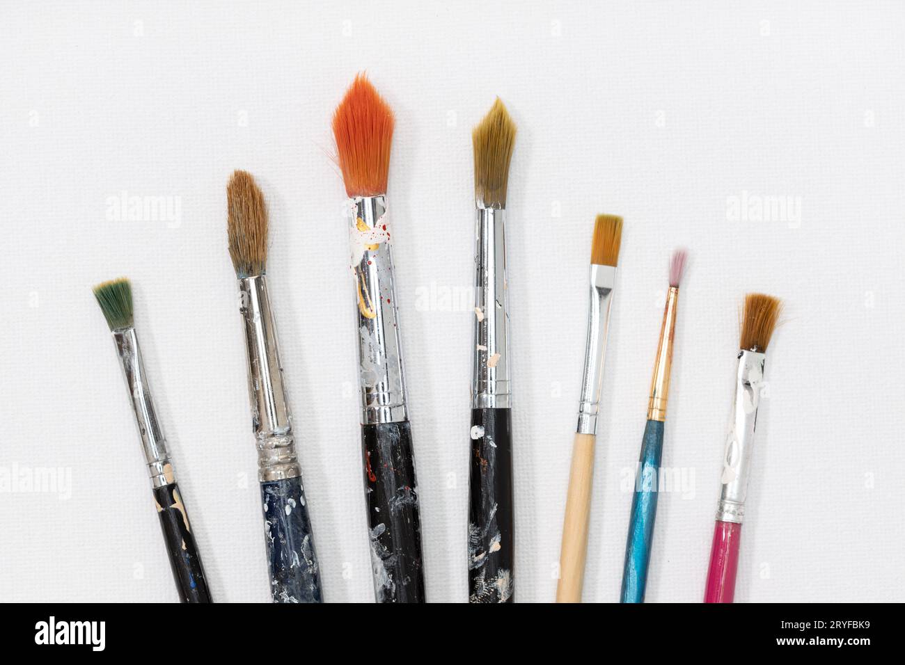 Variety of artist brushes on white canvas background Stock Photo