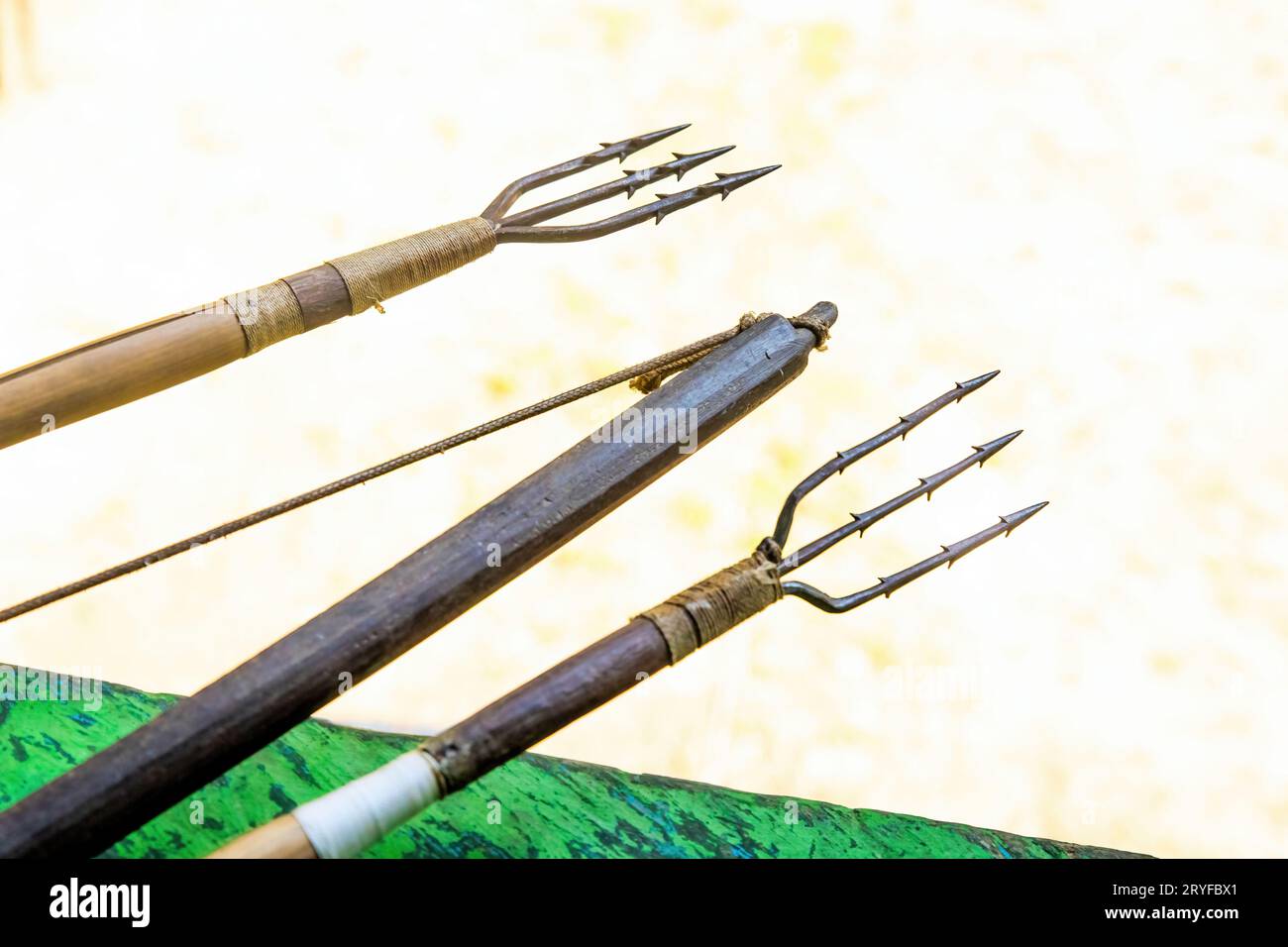 Traditional Amazon south America fishing spears and bow native
