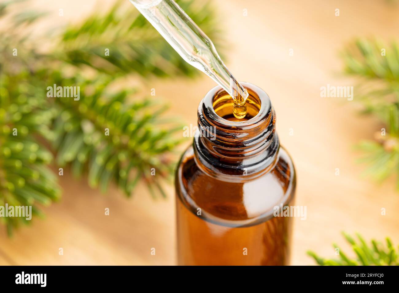 Fir essential oil in bottle still life. Herbal remedies Stock Photo