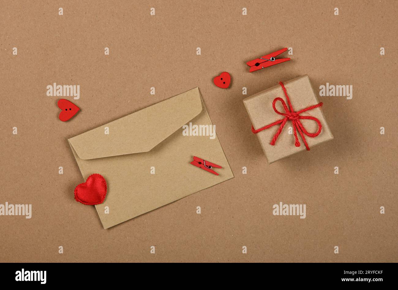 Brown paper Valentine gift box and card envelope Stock Photo