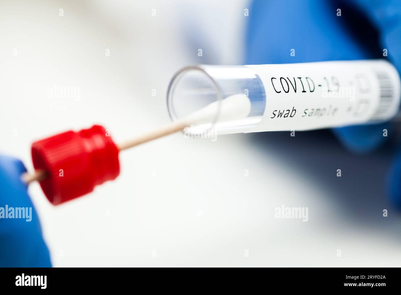 Close up of COVID-19 PCR testing collection kit Stock Photo