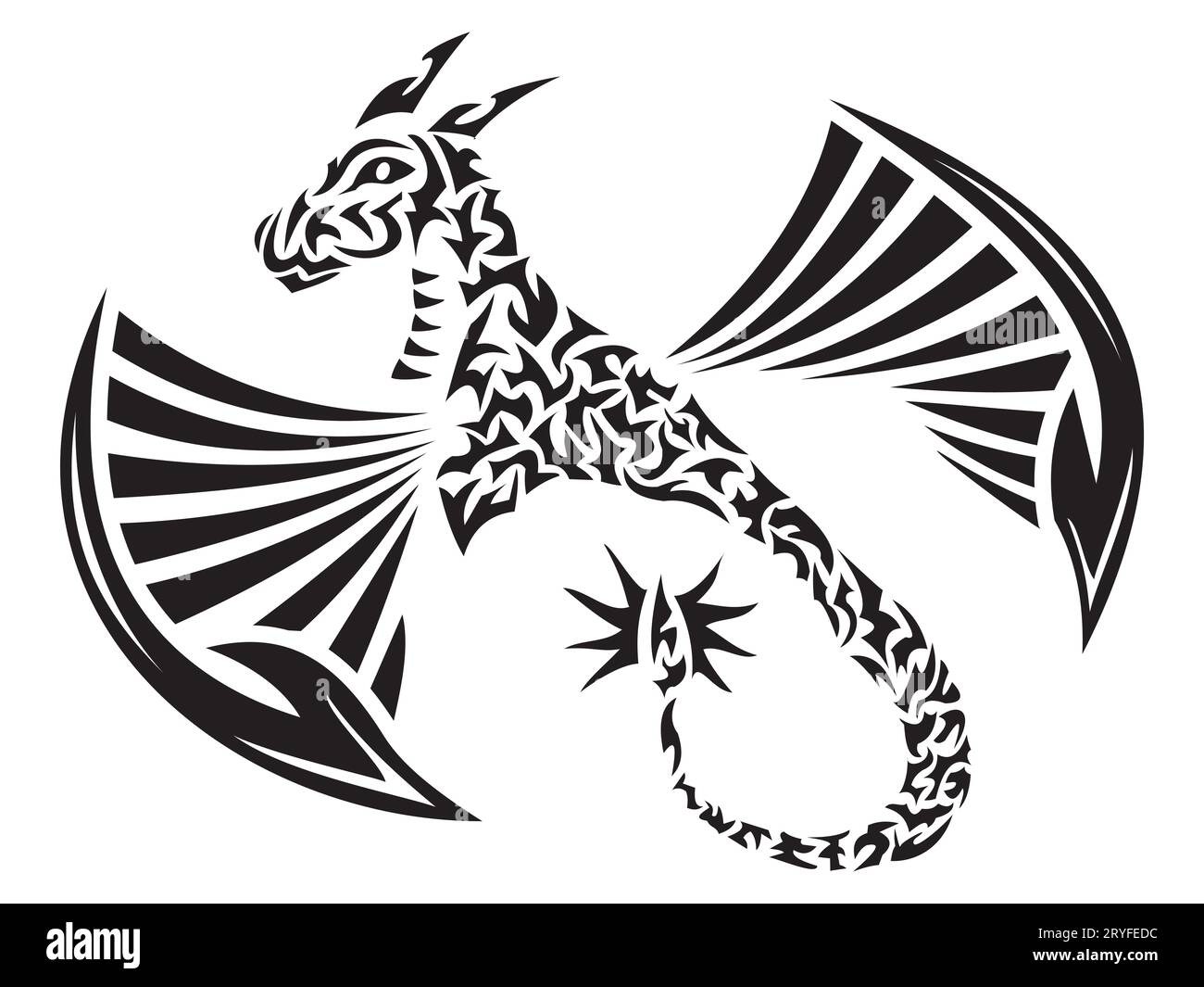 Illustration of a Winged Dragon in tribal tattoo style Stock Photo