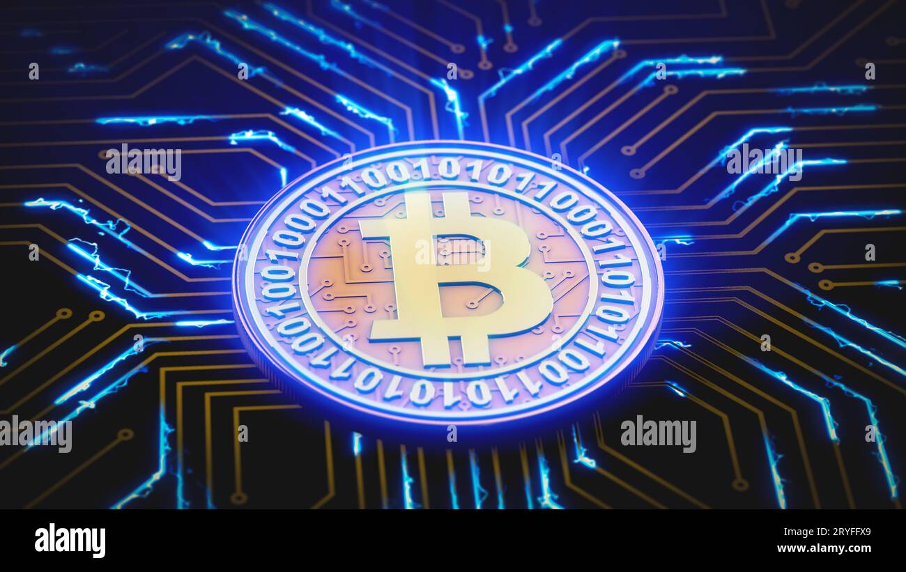 Bitcoin pulsates on a circuit board Stock Photo
