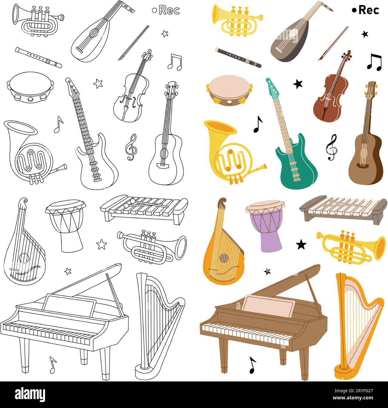 Musical instruments for music school design. Tuba, trumpet, drum flute