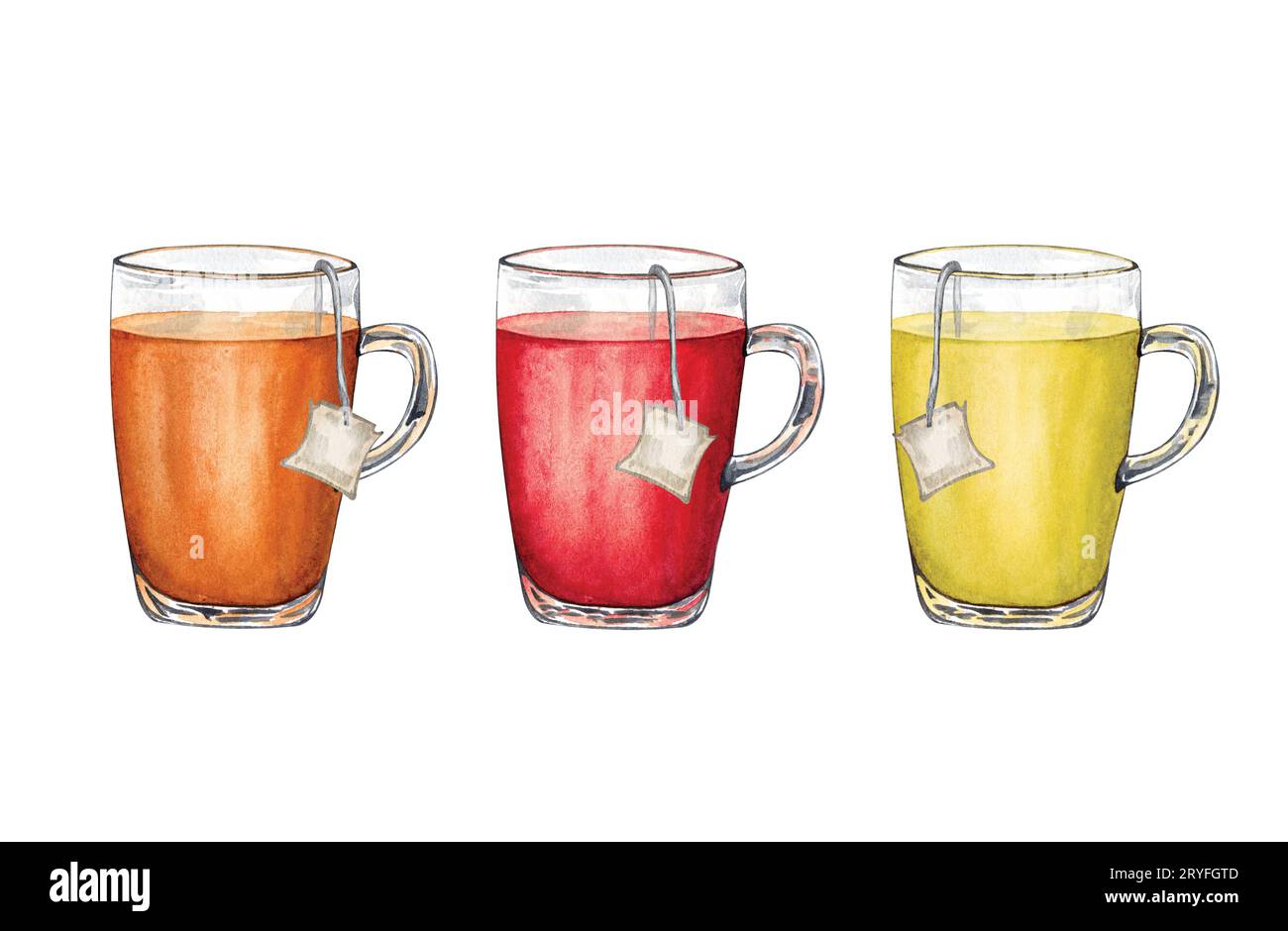 Watercolor set of tea set. Black, green and red tea with tea bag in a