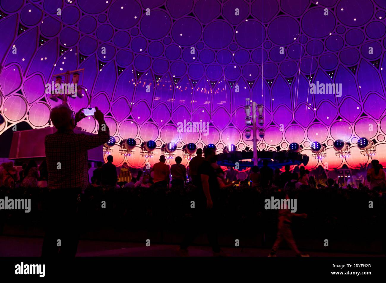 Dubai, UAE December 4, 2021 Al Wasl Plaza glowing with very peri