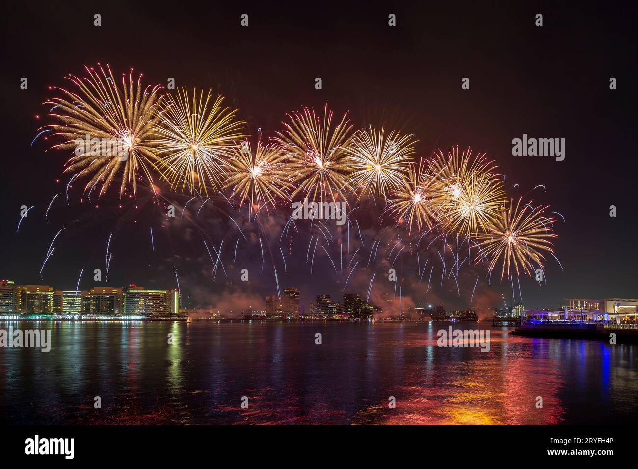 Fireworks above the lake in Yas Bay for 50th Golden Jubilee UAE