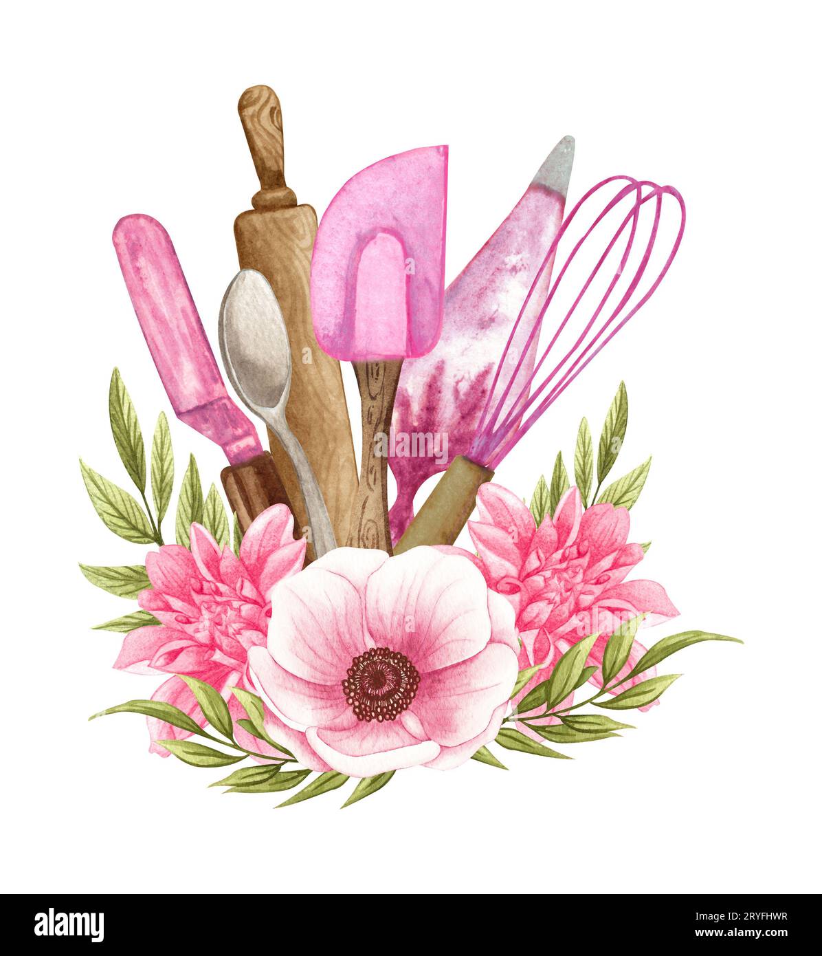 https://c8.alamy.com/comp/2RYFHWR/baking-watercolor-illustration-with-kitchen-utensils-in-a-clay-jag-polling-pin-whisk-spoon-with-pink-flowers-hand-drawn-cook-2RYFHWR.jpg