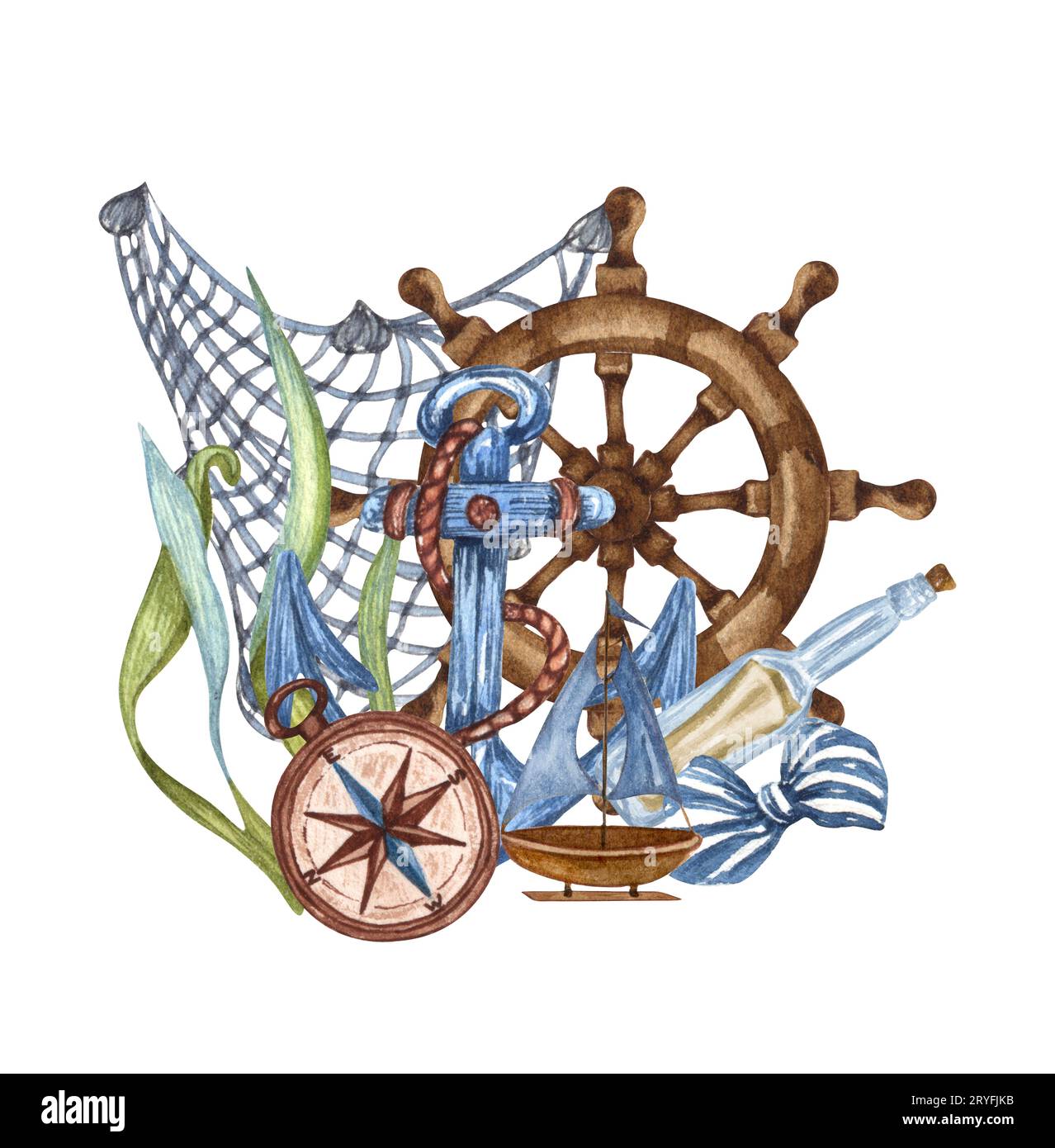 Watercolor hand drawn nautical, marine illustration with lighthouse, lifebuoy, anchor, steering wheel, boat and compass Stock Photo