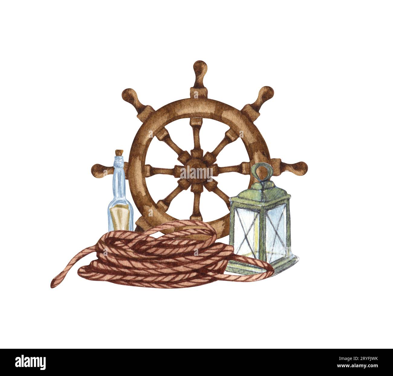 Watercolor hand drawn nautical, marine illustration with lighthouse, lifebuoy, anchor, steering wheel, boat and compass Stock Photo