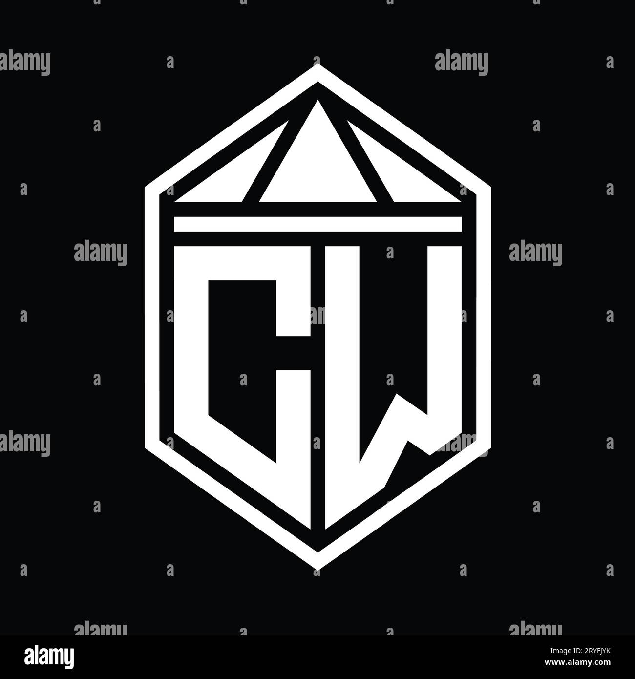 CW Letter Logo monogram simple hexagon shield shape with triangle crown ...