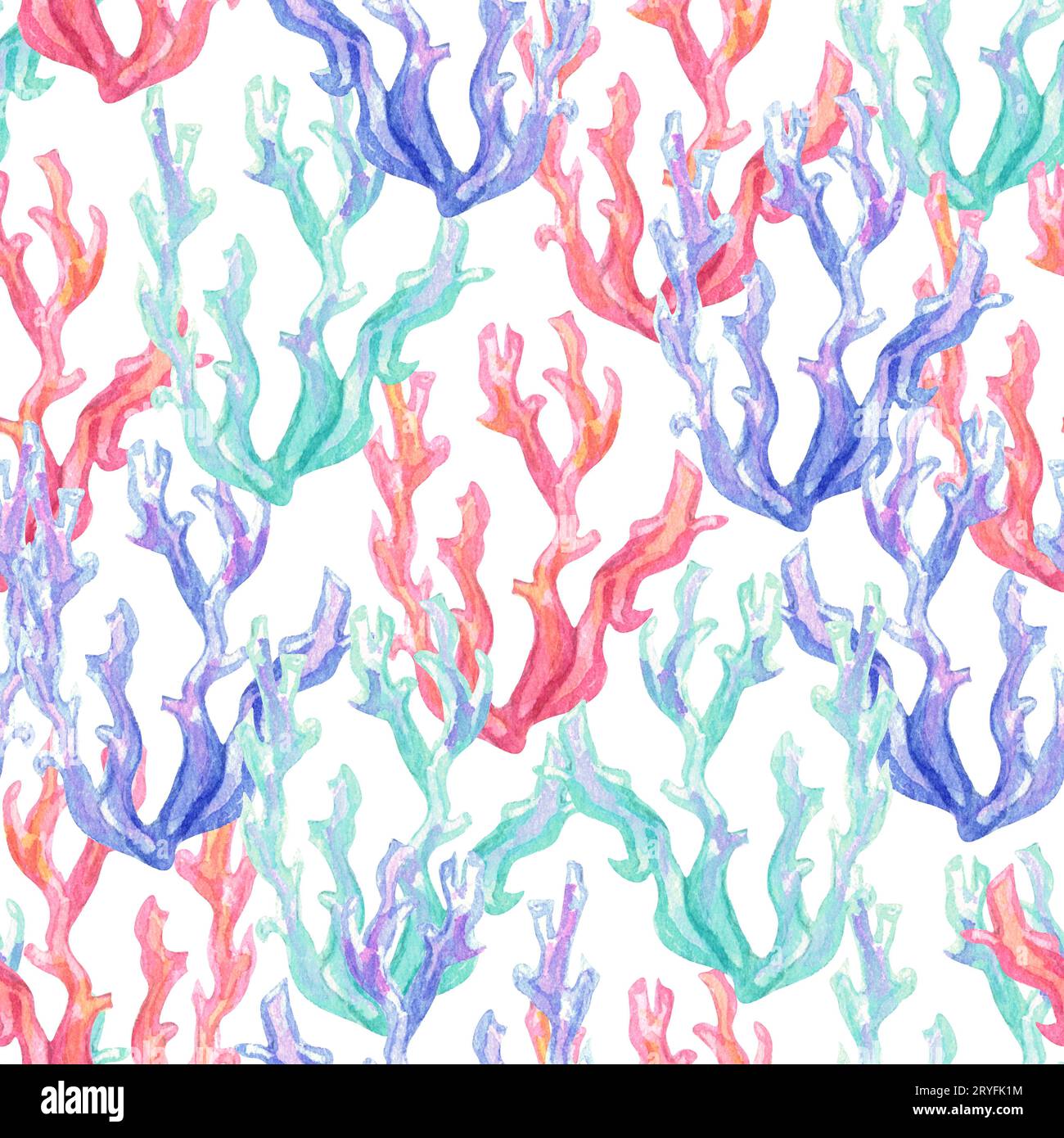 Seamless hand drawn pattern with coral reef and starfishes. Watercolor ...