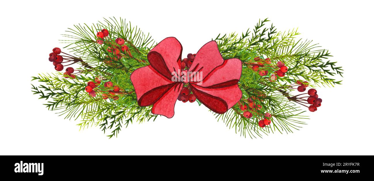 Christmas pine tree wreath with red bow, isolated on white. Watercolor ...