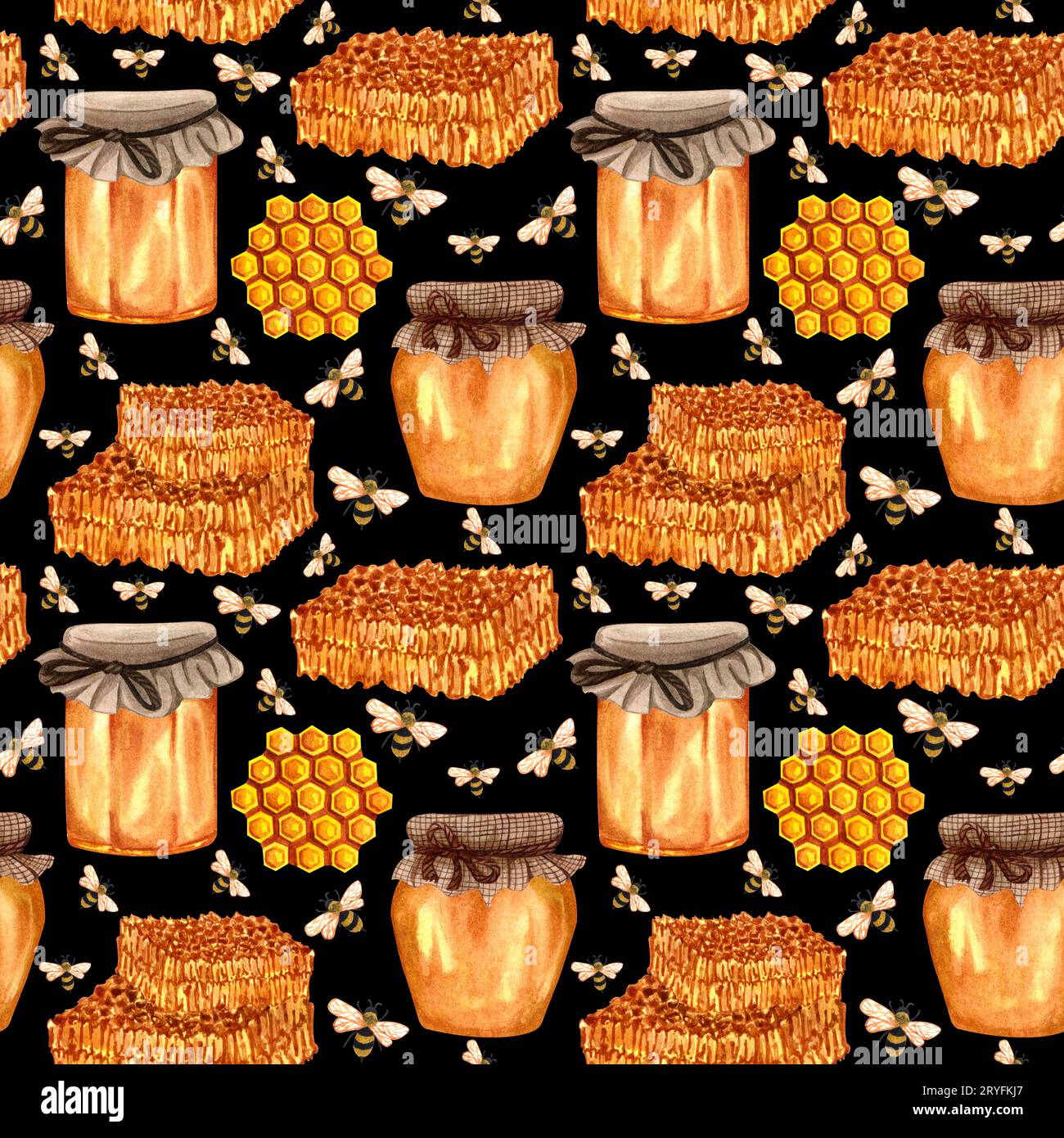 Watercolor honey seamless pattern with bee and honey. Hand drawn ...