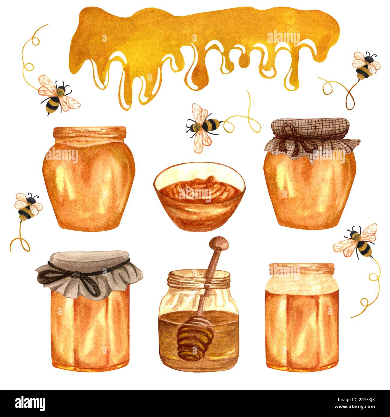 Watercolor fresh honey set with different honey jars and honey bees