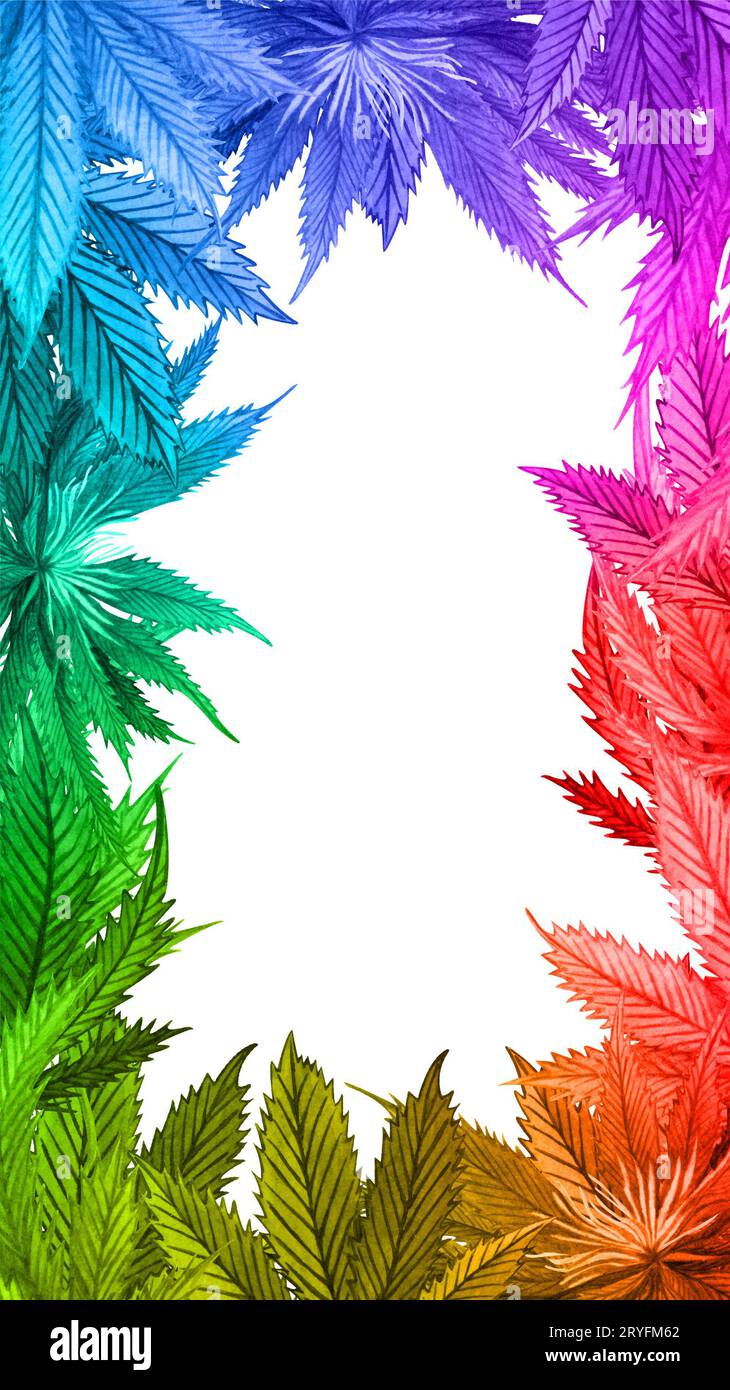 Watercolor rainbow cannabis frame. Hand drawn wild hemp plant wreath for greeting card, logo, frame or border Stock Photo