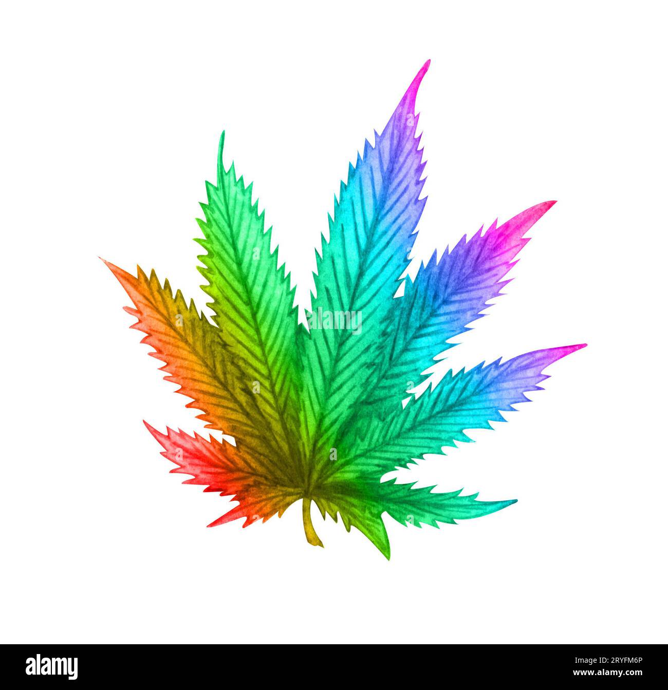 Rainbow cannabis leaf on white background. Hand drawn watercolor illustration Stock Photo
