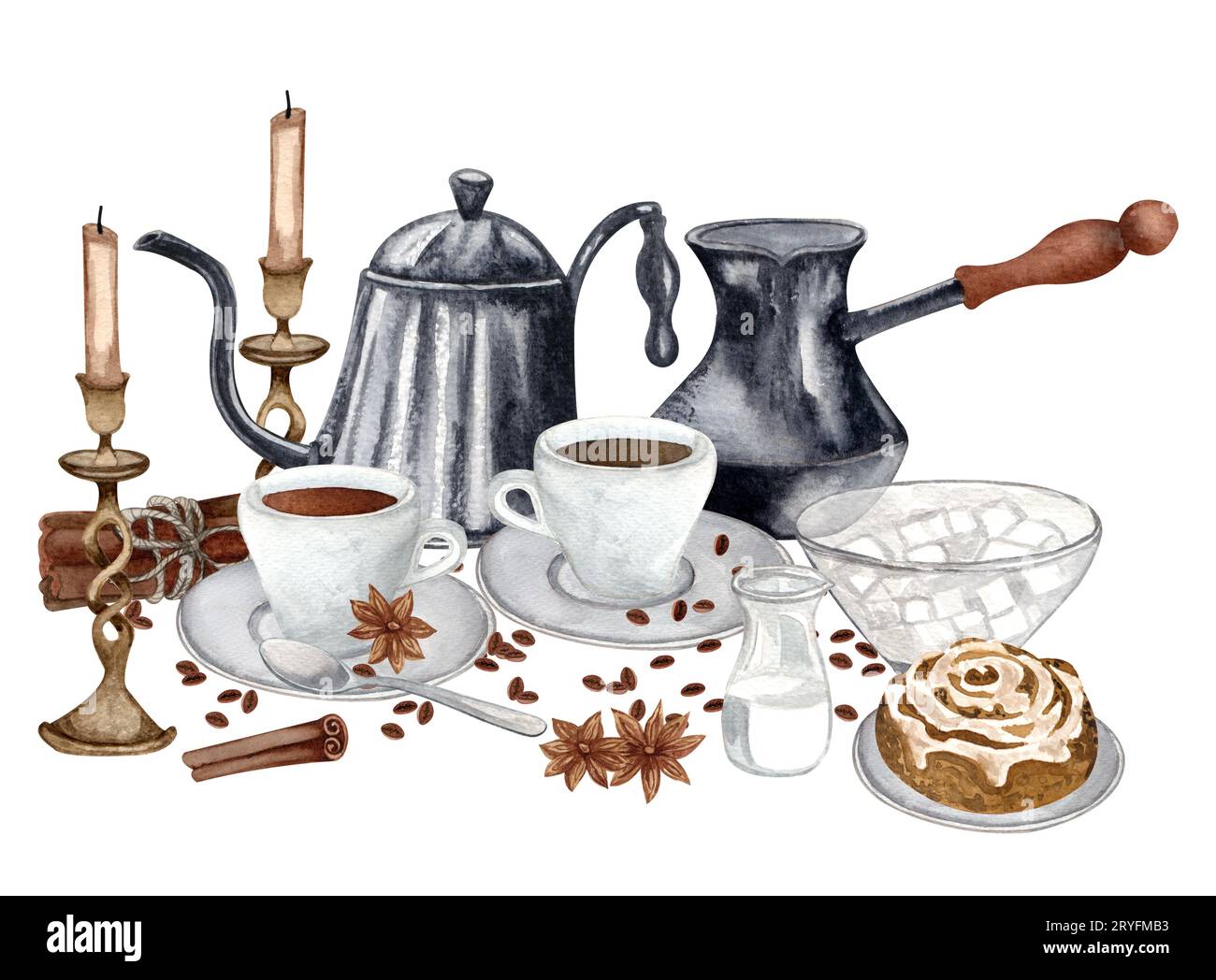 Watercolor breakfast illustration. Two cup of espresso, vintage coffeemaker, tea pot, bowl with sugar, cinnamone bun, candels . Stock Photo