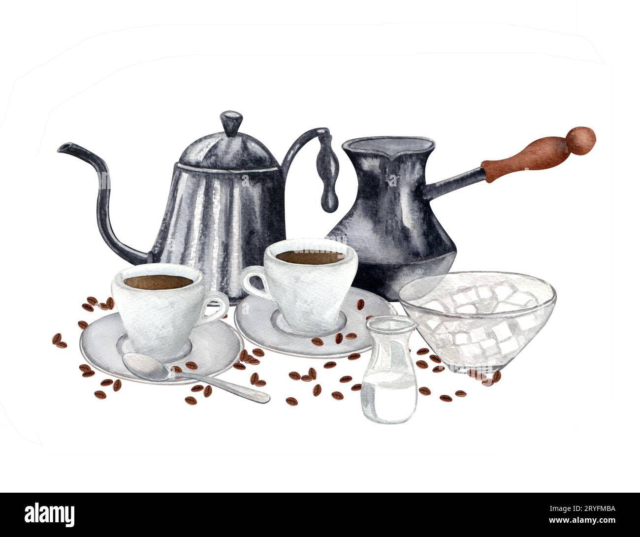 Watercolor breakfast illustration. two cup of coffee, vintage coffeemaker, tea pot. Hand drawn food composition. Perfect for car Stock Photo