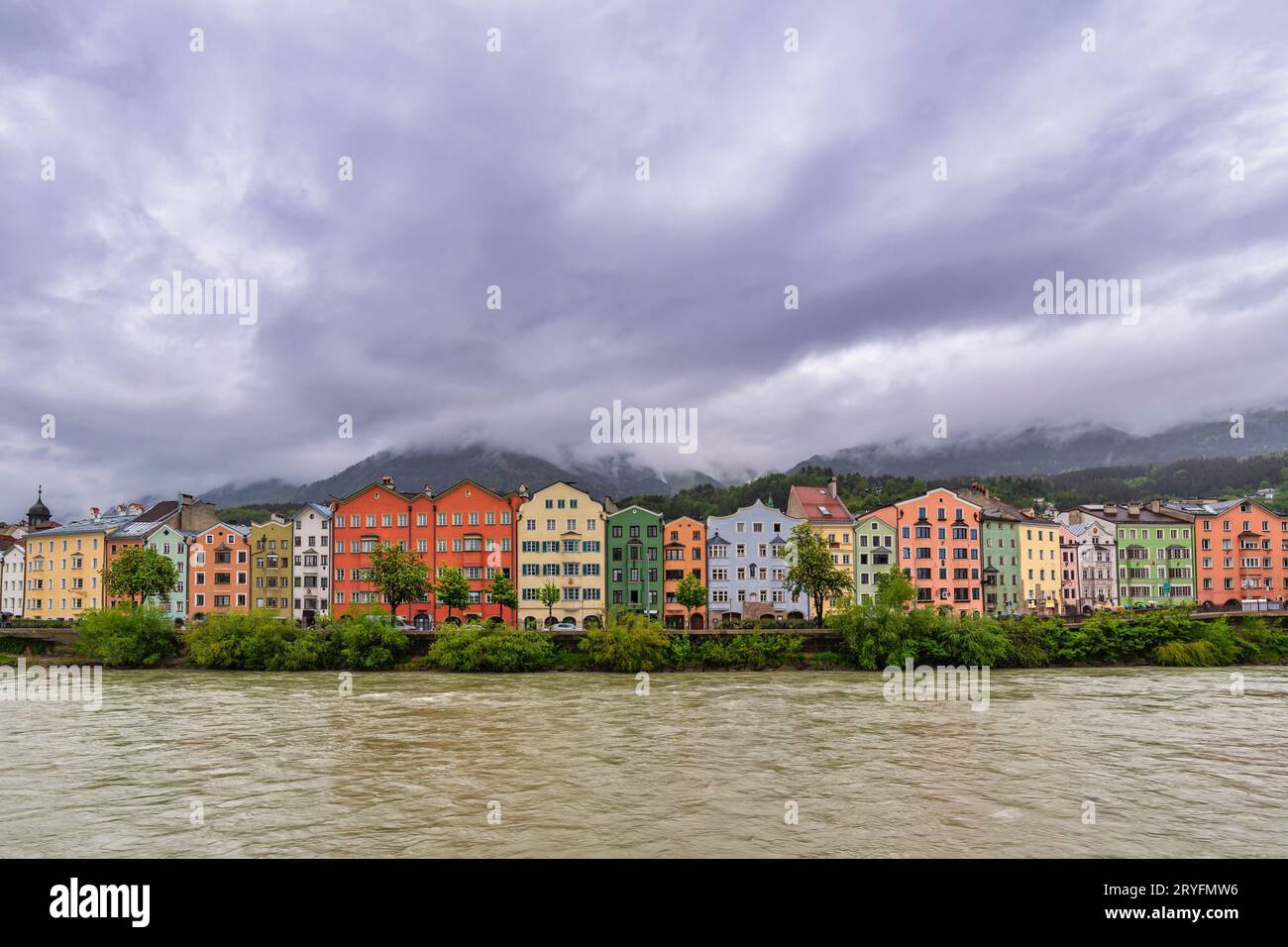 Innsbruck Austria, city skyline at colourful Houses and Inn River Stock