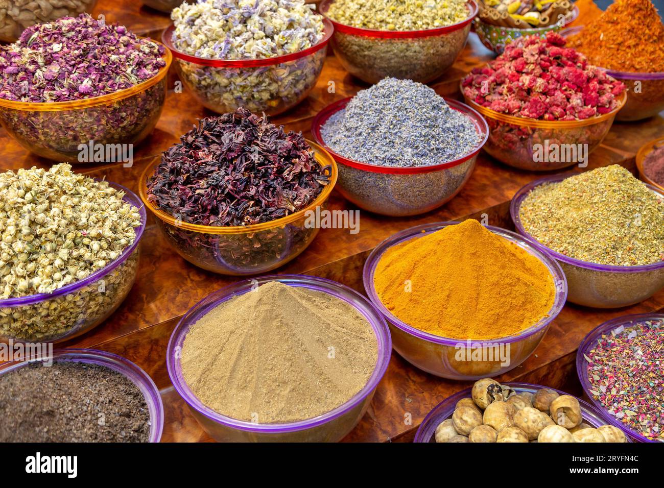 Variety of Arabic spices and herbs in the traditional spice market in