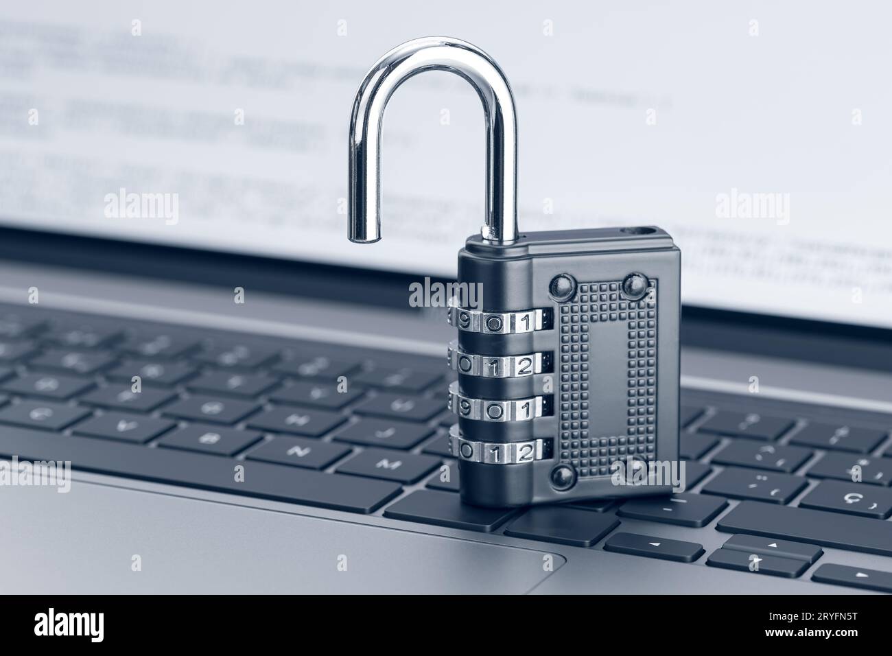 Open padlock on laptop. Unlock security. Computer Vulnerability concept Stock Photo