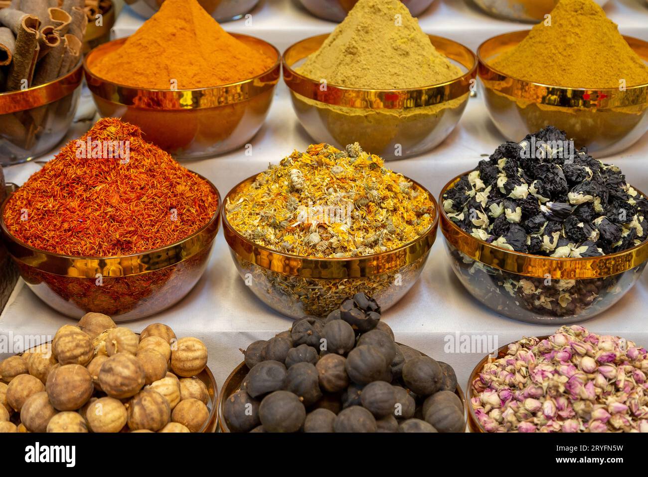 Variety of Arabic spices in the traditional spice market in Dubai Stock